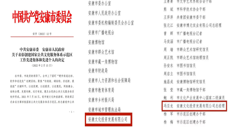 【要闻】安文投公司获评安康市创建国家公共文化服务体系示范区工作先进集体